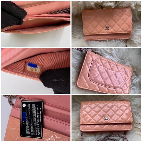 Authentic CHANEL Patent Leather Wallet-on-the-chain WOC Flap Bag Peach / pink - Picture 11 of 12